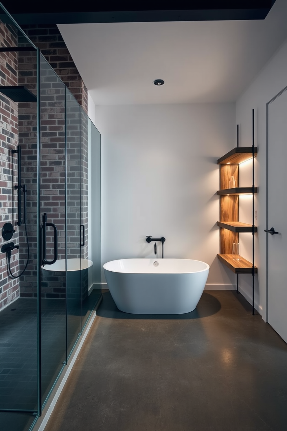 A modern bathroom design featuring industrial elements. The space includes exposed brick walls and polished concrete floors, complemented by sleek black fixtures and a glass shower enclosure. A freestanding tub sits center stage, surrounded by minimalist shelving made of reclaimed wood. Ambient lighting highlights the raw materials, creating a warm yet edgy atmosphere.