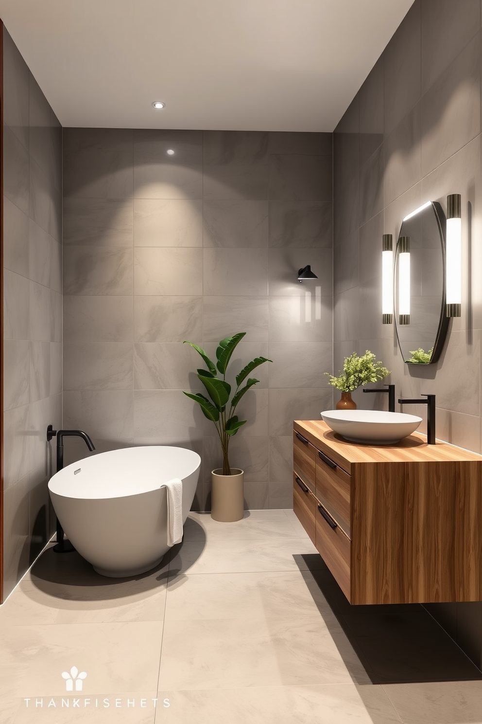 A modern bathroom design featuring hidden plumbing for a clean and sleek aesthetic. The space includes a freestanding soaking tub and a floating vanity with integrated storage, creating an uncluttered look. The walls are adorned with large format tiles in a soft gray hue, complemented by warm wooden accents. Ambient lighting is strategically placed to enhance the serene atmosphere, while a touch of greenery adds a refreshing element to the design.