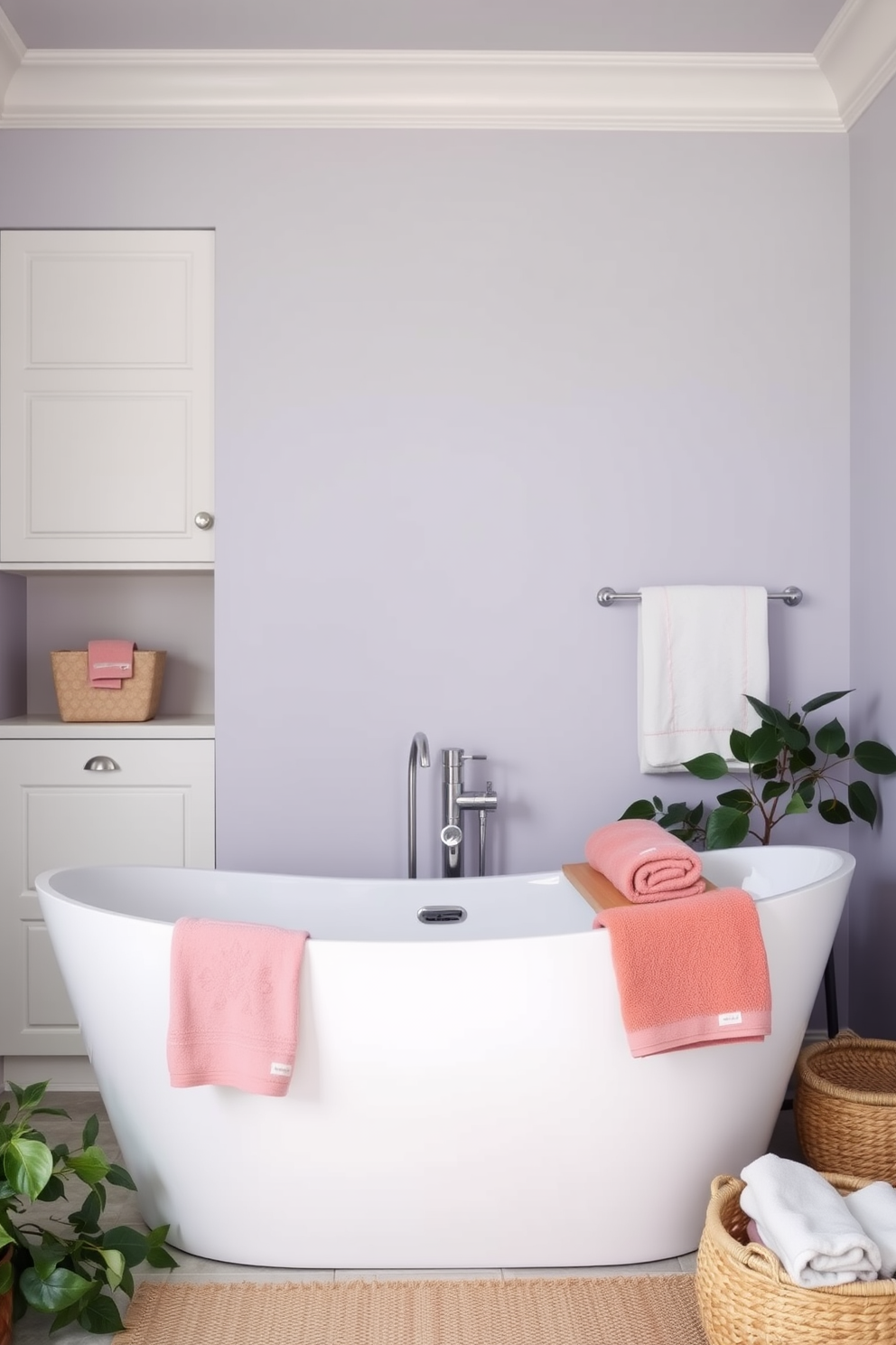 A serene bathroom oasis featuring soft pastel hues that evoke tranquility. The walls are painted in a gentle lavender shade, complemented by white cabinetry and natural wood accents. The bathtub is freestanding with a modern silhouette, surrounded by lush greenery for a spa-like ambiance. Plush towels in coordinating colors are neatly arranged on a woven basket near the tub, enhancing the soothing atmosphere.