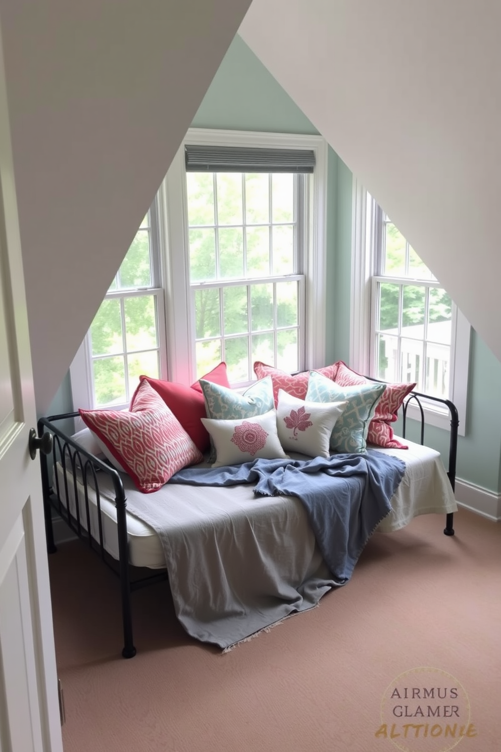A cozy summer attic retreat featuring a stylish daybed adorned with colorful throw pillows and a lightweight quilt. The walls are painted in a soft pastel hue, and large windows allow natural light to flood the space, creating an inviting atmosphere.
