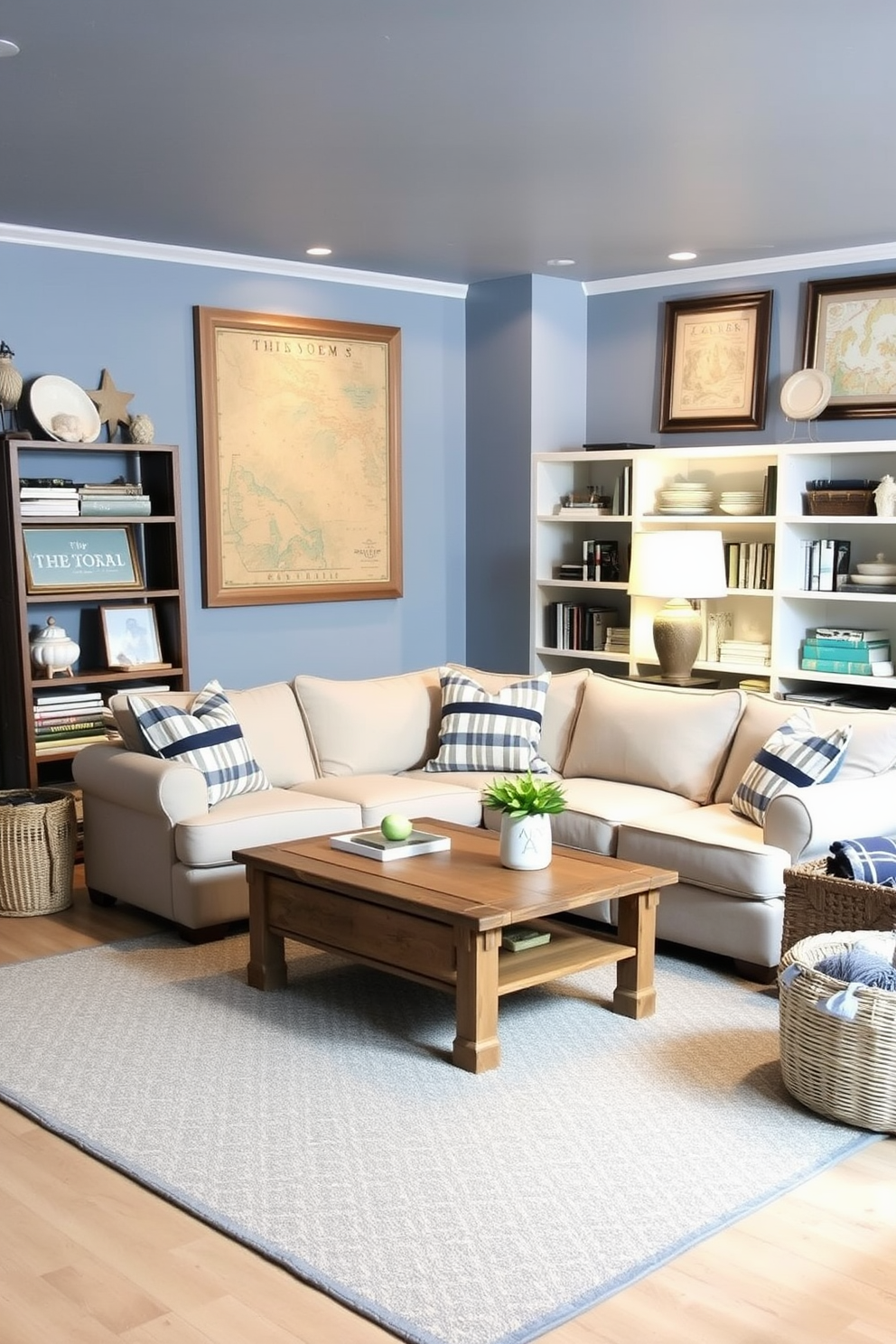 A cozy summer basement retreat with nautical themes. The walls are painted in soft blue tones, adorned with framed vintage nautical maps and seashell decor. A plush sectional sofa in a light beige fabric is arranged around a reclaimed wood coffee table. Coastal-inspired throw pillows in navy and white stripes add a refreshing touch to the seating area. A large area rug with a subtle wave pattern anchors the space, while a vintage lighthouse lamp provides warm lighting. Shelves filled with beach-themed books and decorative items complete the inviting atmosphere.