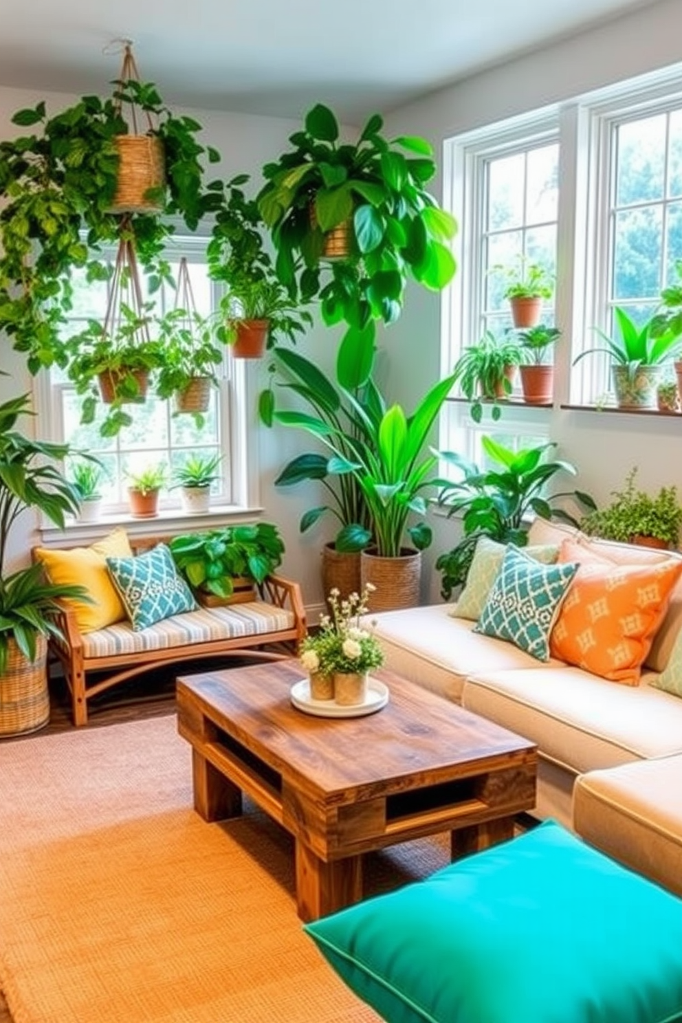 Create a cozy summer basement retreat. Incorporate soft seating with bright cushions, a coffee table made of reclaimed wood, and a large area rug to define the space. Add lush green plants in various sizes to bring a touch of nature indoors. Use hanging planters near windows and place potted plants on shelves to create a vibrant atmosphere.