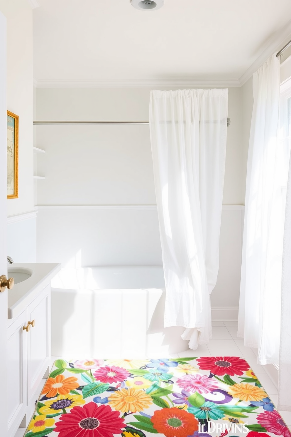 A bright and airy summer bathroom features a vibrant shower mat in a lively floral pattern that adds a pop of color to the space. The walls are painted in a soft pastel hue, and natural light floods in through a large window adorned with sheer white curtains.