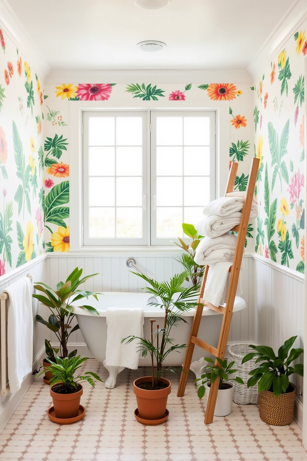 A bright and airy bathroom featuring removable wallpaper adorned with vibrant summer patterns. The walls are decorated with floral and tropical designs, creating a cheerful atmosphere. In the center, a freestanding bathtub is surrounded by potted plants for a refreshing touch. Soft white towels are neatly arranged on a wooden ladder, enhancing the summery vibe.