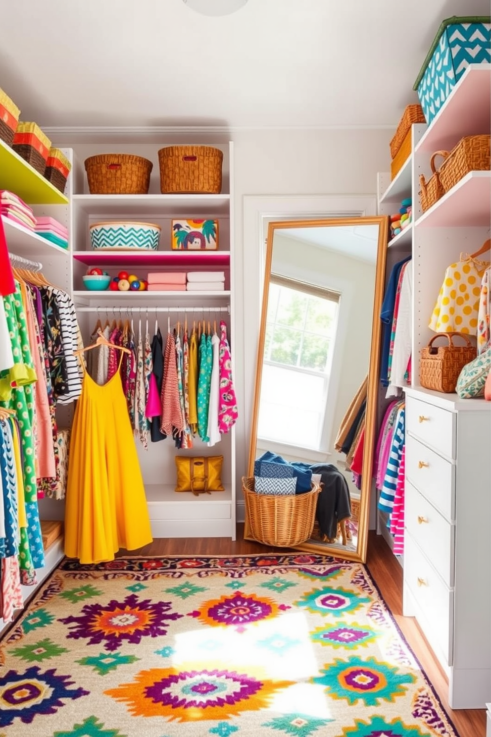 A bright and airy summer closet filled with vibrant patterns. The walls are painted in a soft white, showcasing colorful shelves that display an array of summer clothing and accessories. A large, patterned rug with bold colors and geometric designs lies on the floor, adding warmth and character to the space. A stylish full-length mirror leans against the wall, reflecting the cheerful ambiance of the closet.