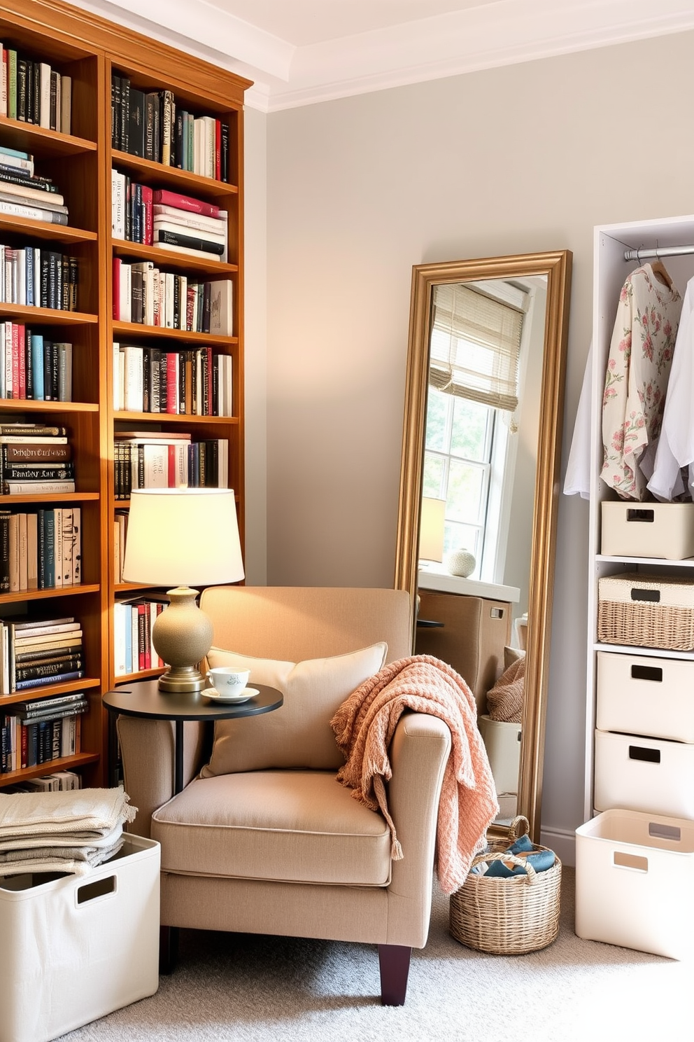 A cozy reading nook corner features a plush armchair upholstered in soft fabric, positioned next to a tall bookshelf filled with an array of books. A warm throw blanket drapes over the armchair, and a small side table holds a steaming cup of tea and a decorative lamp that casts a gentle glow. Summer closet decorating ideas include light-colored storage bins and baskets that keep items organized while adding a fresh touch. A full-length mirror reflects the natural light coming in from a nearby window, making the space feel airy and inviting.