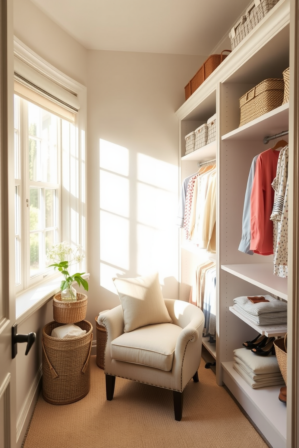 A bright and airy summer closet featuring a small seating area with a plush armchair in a light fabric. The walls are painted in soft pastel colors, and natural light floods in from a nearby window, illuminating the neatly organized shelves filled with summer clothes and accessories.