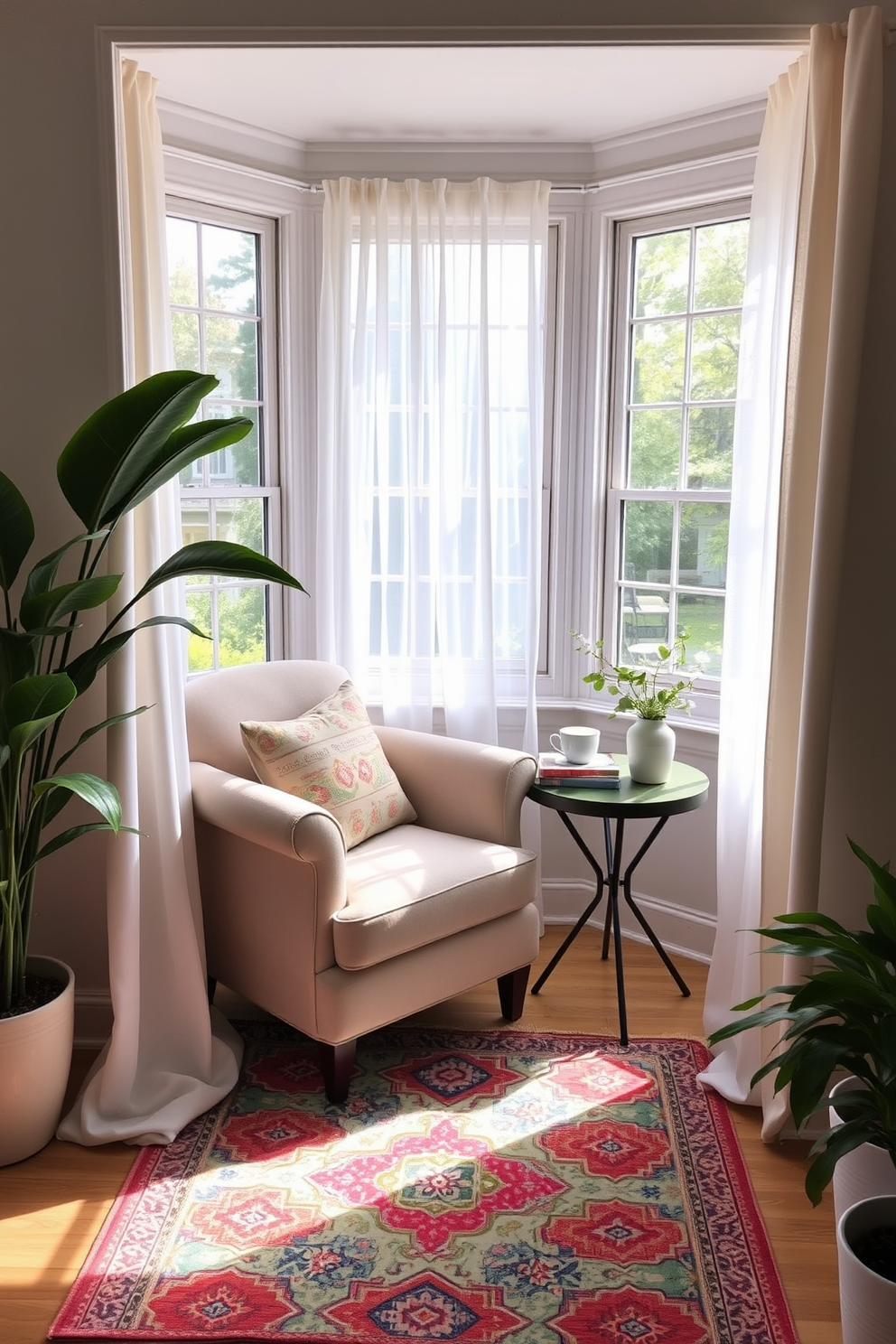 Create a cozy reading nook by the windows with a plush armchair upholstered in soft, pastel fabric. A small side table holds a stack of books and a steaming cup of tea, while sheer curtains gently filter the sunlight. Add a vibrant area rug beneath the chair to anchor the space and introduce a pop of color. Potted plants in the corners bring life to the nook, creating a serene atmosphere perfect for summer decorating.