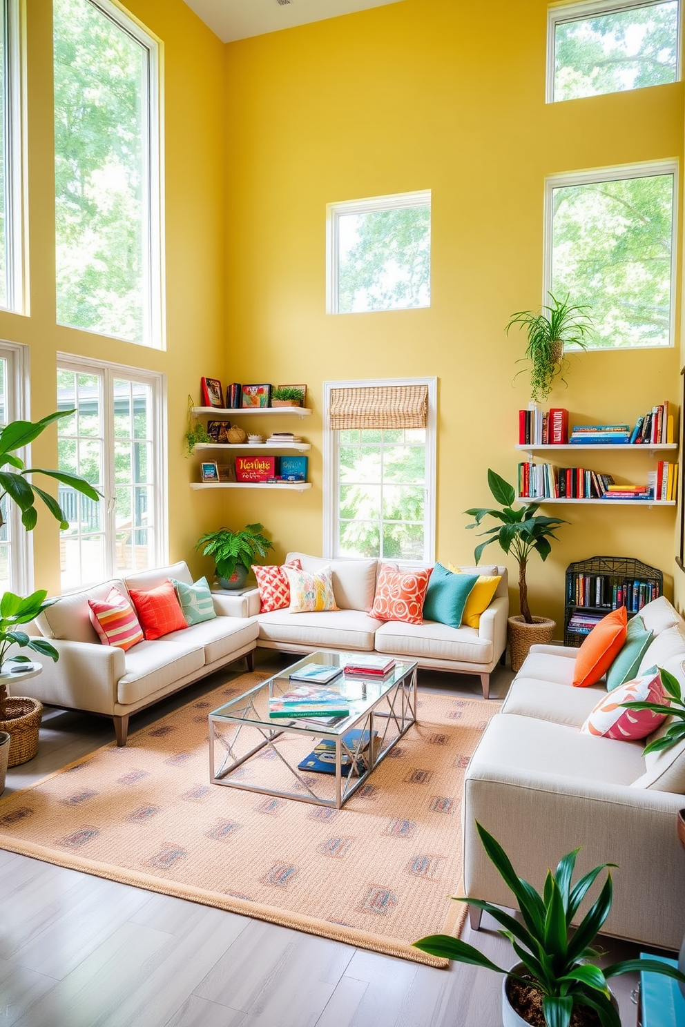 A vibrant summer game room filled with natural light. The walls are painted in a soft yellow hue, and large windows showcase lush greenery outside. A comfortable sectional sofa in a light fabric is arranged around a sleek coffee table. Colorful throw pillows add pops of color, while a large area rug anchors the seating area. A wall-mounted shelf displays a variety of board games and books, inviting fun and relaxation. Potted plants are strategically placed around the room, adding a lively touch and enhancing the summer vibe.