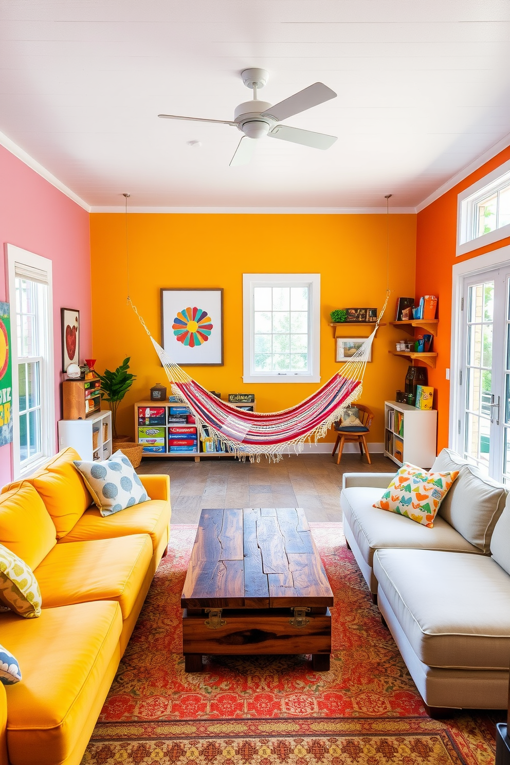 A vibrant summer game room filled with natural light. The space features a large, comfortable sectional sofa in a bright color, paired with a rustic coffee table made of reclaimed wood. In one corner, a stylish hammock is suspended between two sturdy posts, creating a cozy relaxation spot. The walls are adorned with playful artwork and shelves filled with board games and colorful decor, enhancing the fun atmosphere.