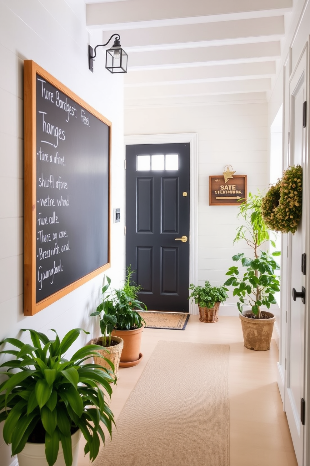 A charming summer hallway decorated with a large chalkboard mounted on the wall for messages. The floor is adorned with a light-colored runner, and potted plants are placed on either side, adding a touch of greenery.