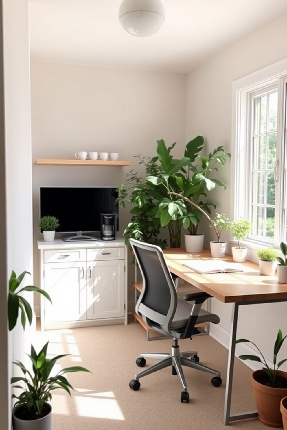 A bright and airy summer home office features a light wood desk positioned by a large window, allowing natural light to flood the space. A comfortable ergonomic chair complements the desk, while a small coffee station in the corner includes a sleek coffee maker and a stylish set of mugs on a floating shelf above. The walls are painted in a soft pastel hue, creating a serene atmosphere perfect for productivity. Potted plants are strategically placed around the room, adding a touch of greenery and warmth to the overall design.