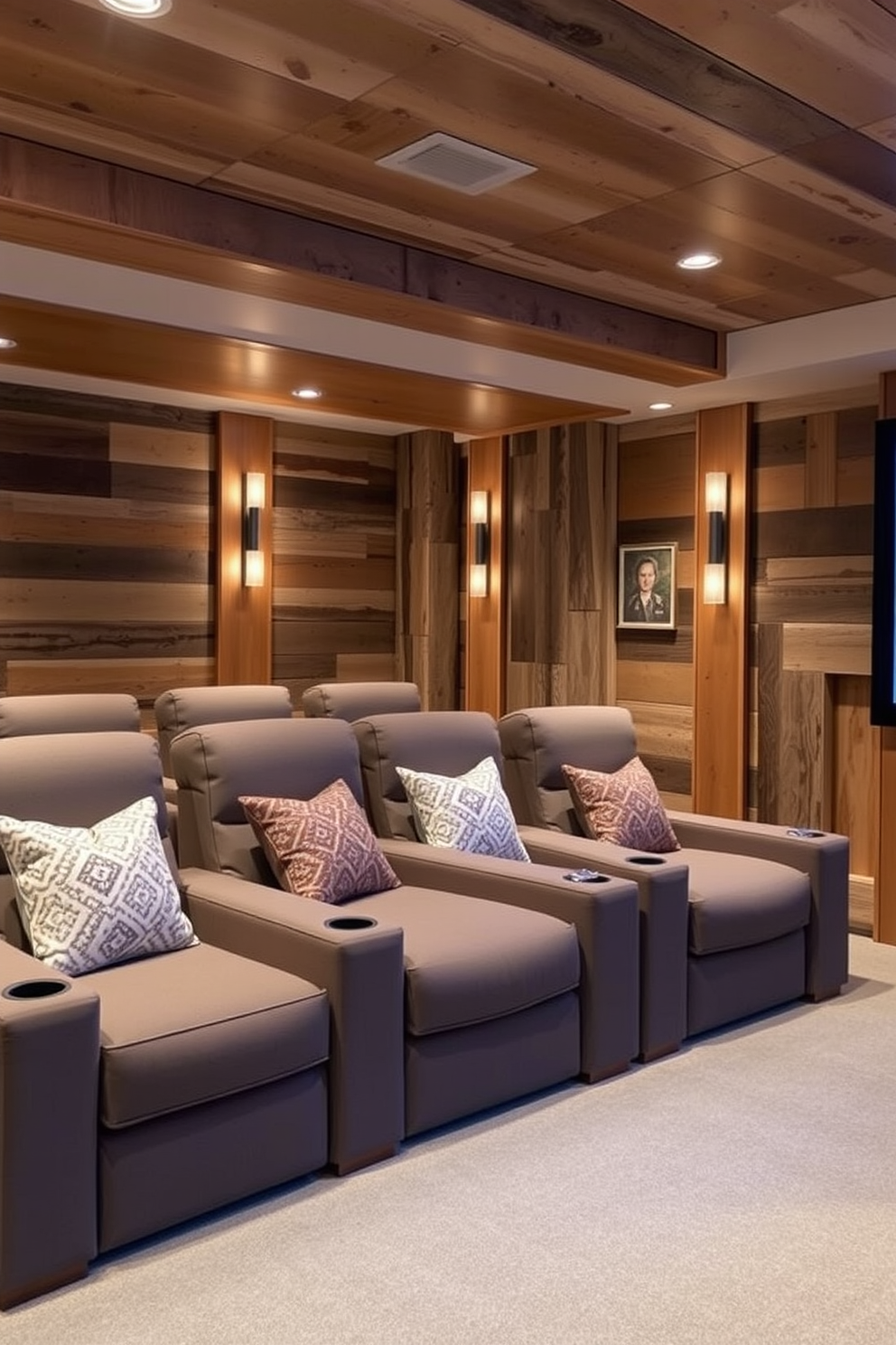 A cozy summer home theater with natural wood accents that enhance the rustic charm. The walls are adorned with reclaimed wood panels, and plush seating invites relaxation while enjoying movies.