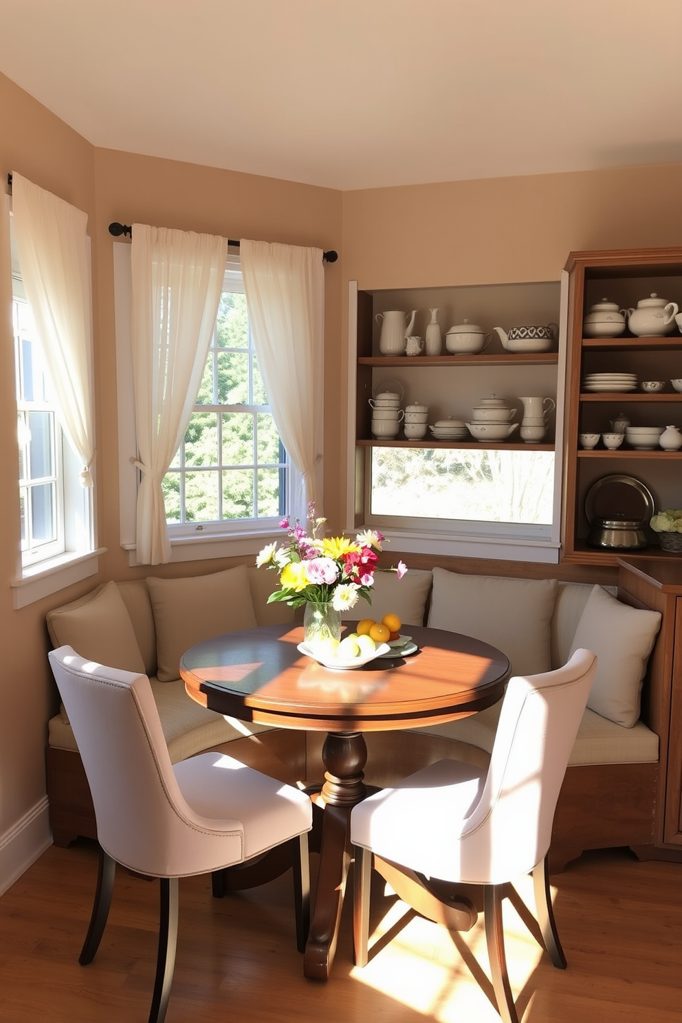 A cozy breakfast nook area features a round wooden table surrounded by upholstered chairs in soft pastel colors. Sunlight filters through large windows adorned with sheer curtains, illuminating a centerpiece of fresh flowers and a bowl of seasonal fruit. The walls are painted in a warm beige tone, complemented by a rustic wooden bench that provides additional seating. A collection of vintage kitchenware is displayed on open shelves, adding charm and personality to the space.