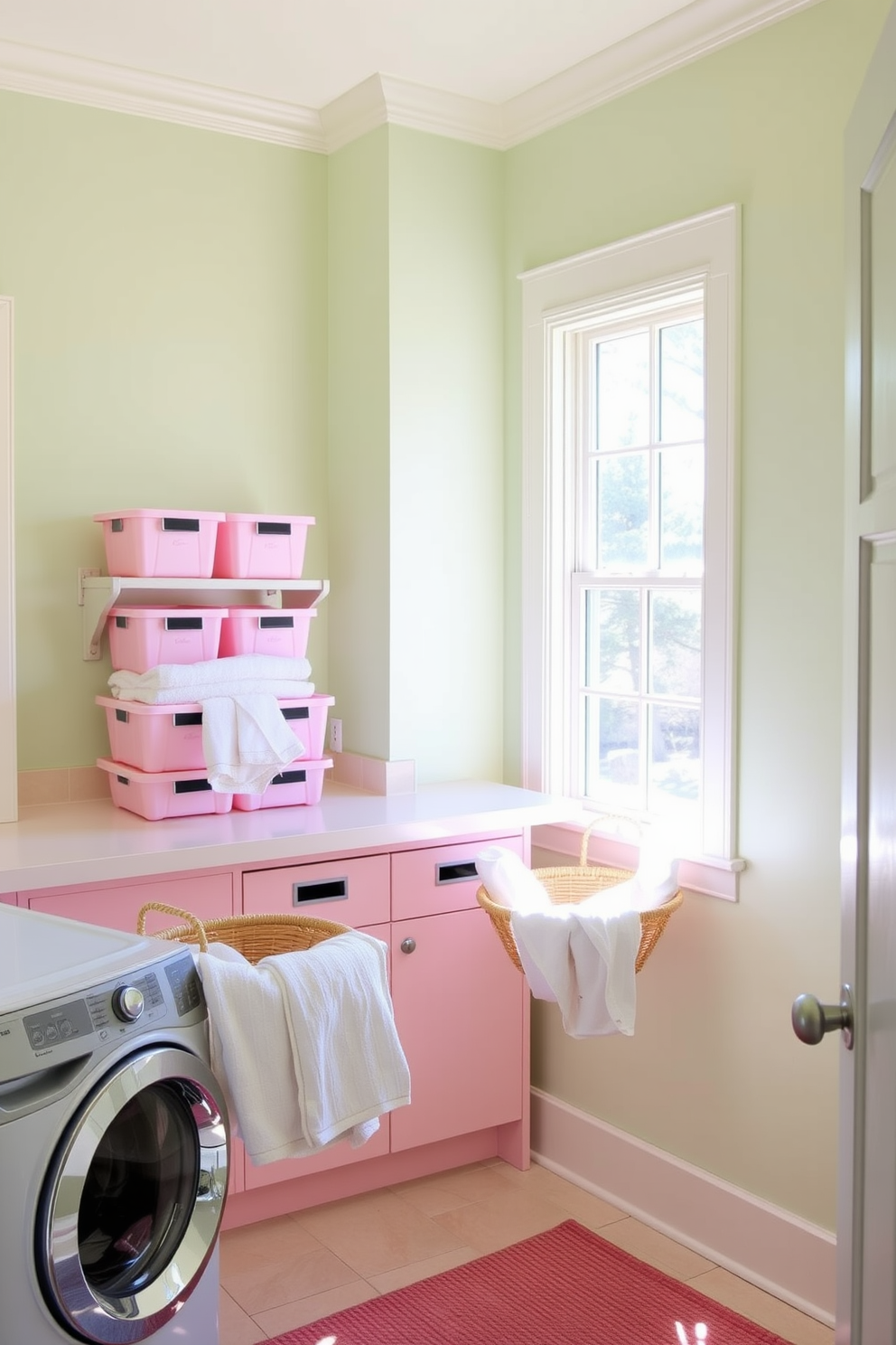 A bright and inviting laundry room filled with cheerful pastel colors. The walls are painted in soft shades of mint green and pale yellow, creating a fresh and uplifting atmosphere. A spacious countertop is adorned with pastel pink storage bins neatly organized for laundry essentials. Sunlight streams in through a large window, illuminating a charming wicker basket filled with freshly laundered towels.