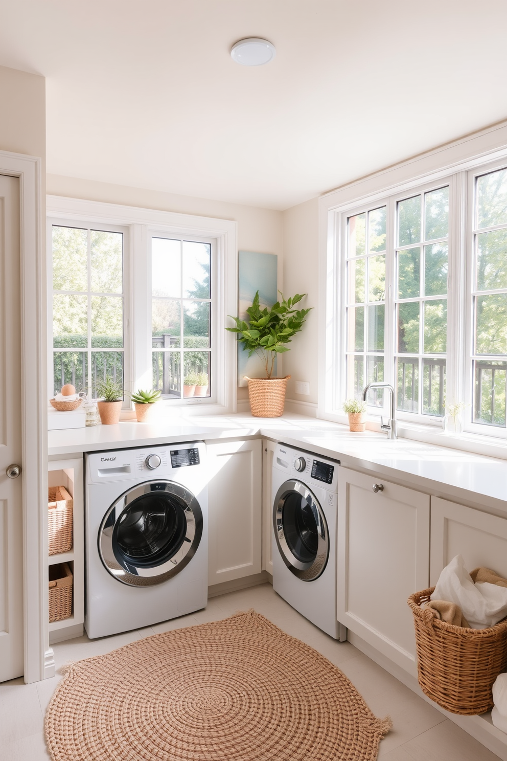 A bright and airy laundry room filled with natural light. The walls are painted in a soft pastel color, and a large window overlooks a lush garden. There is a spacious countertop made of white quartz, perfect for folding clothes. A stylish washing machine and dryer set are neatly tucked away, with decorative baskets for storing laundry essentials. A cozy woven rug lies on the floor, adding warmth and comfort to the space. Potted plants are placed on the windowsill, bringing a touch of nature indoors.