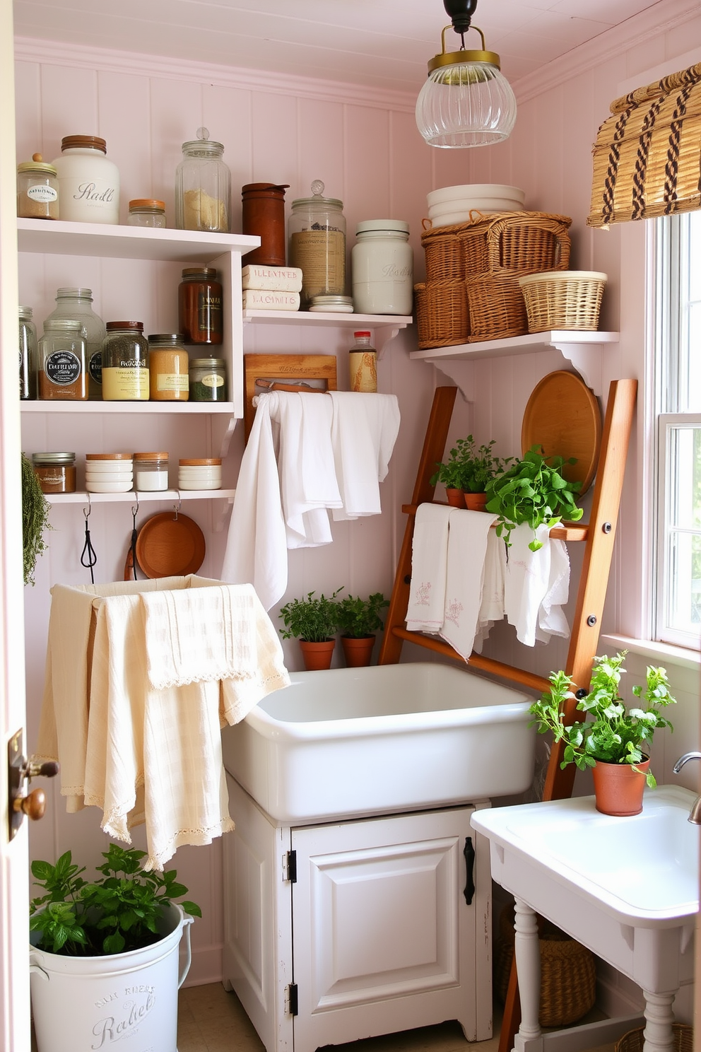 A charming summer laundry room filled with vintage decor. The walls are painted in a soft pastel hue, and the shelves are lined with antique jars and woven baskets. A classic wooden drying rack stands in the corner, adorned with freshly laundered linens. A vintage farmhouse sink is positioned under a window, with potted herbs adding a touch of greenery to the space.