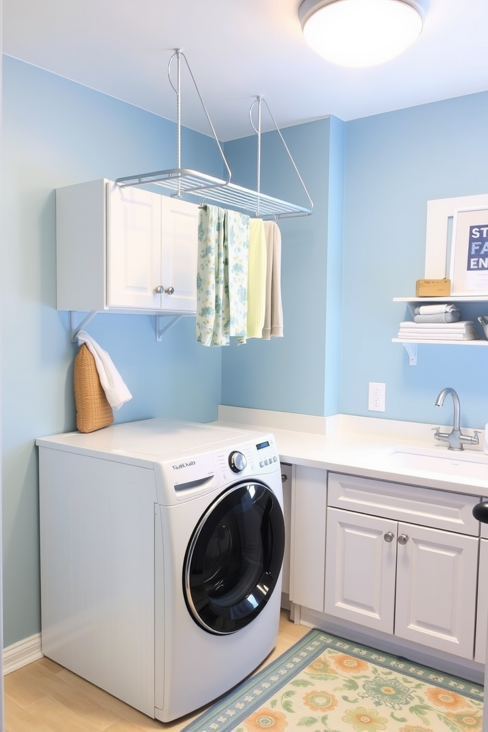A bright and airy laundry room features a hanging drying rack installed above a spacious countertop. The walls are painted in a soft blue tone, complemented by white cabinetry and a cheerful patterned rug on the floor.