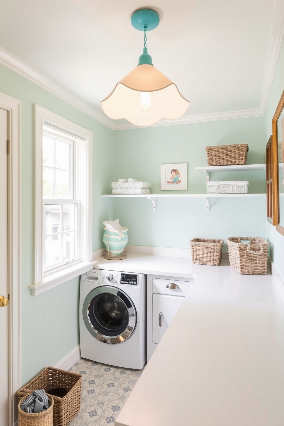 A bright and cheerful laundry room featuring a whimsical light fixture that adds a pop of color. The walls are painted in a soft pastel hue, complementing the playful design of the light, while a spacious countertop is adorned with stylish storage baskets.