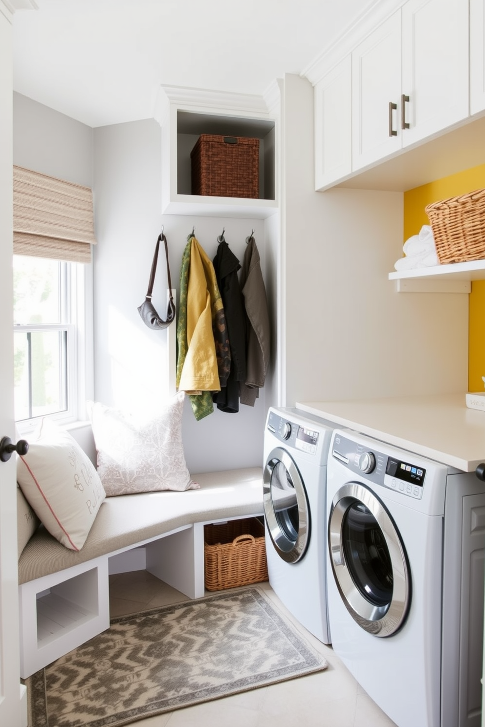 A cozy mini mudroom area features a built-in bench with soft cushions and hooks above for hanging coats and bags. The walls are painted in a light gray, and a patterned rug adds a touch of warmth to the space. The summer laundry room is bright and airy, with white cabinetry and open shelving displaying neatly folded towels. A cheerful yellow accent wall complements the modern washer and dryer, while a wicker basket holds laundry essentials.
