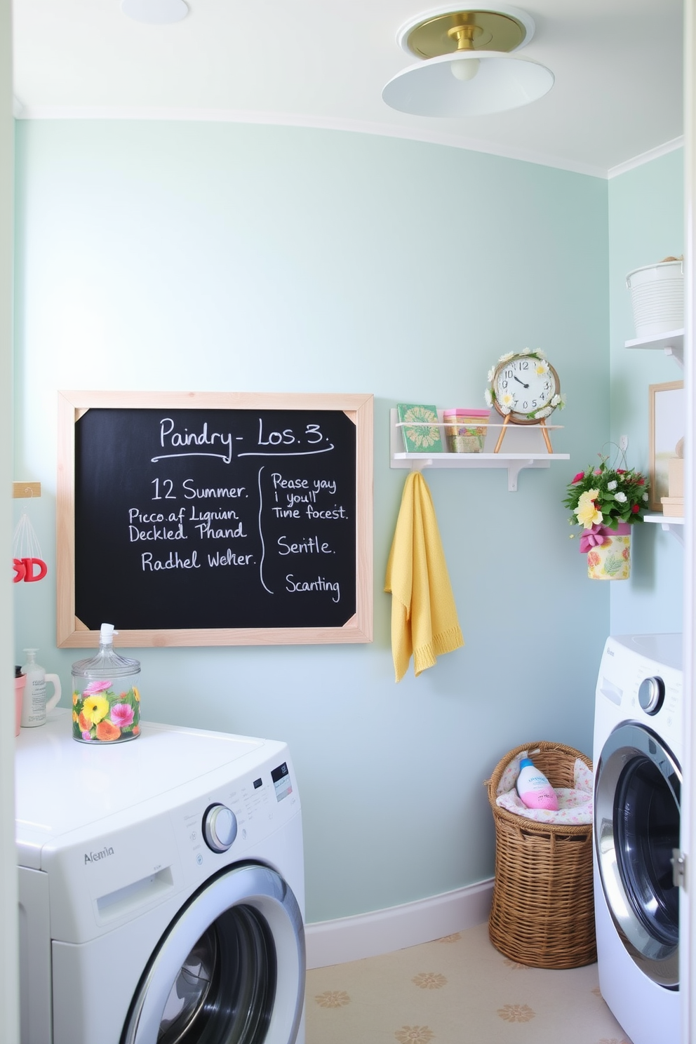 A bright and airy laundry room features a large chalkboard mounted on the wall for reminders and notes. The space is accented with cheerful summer decor, including vibrant floral prints and light, breezy colors.