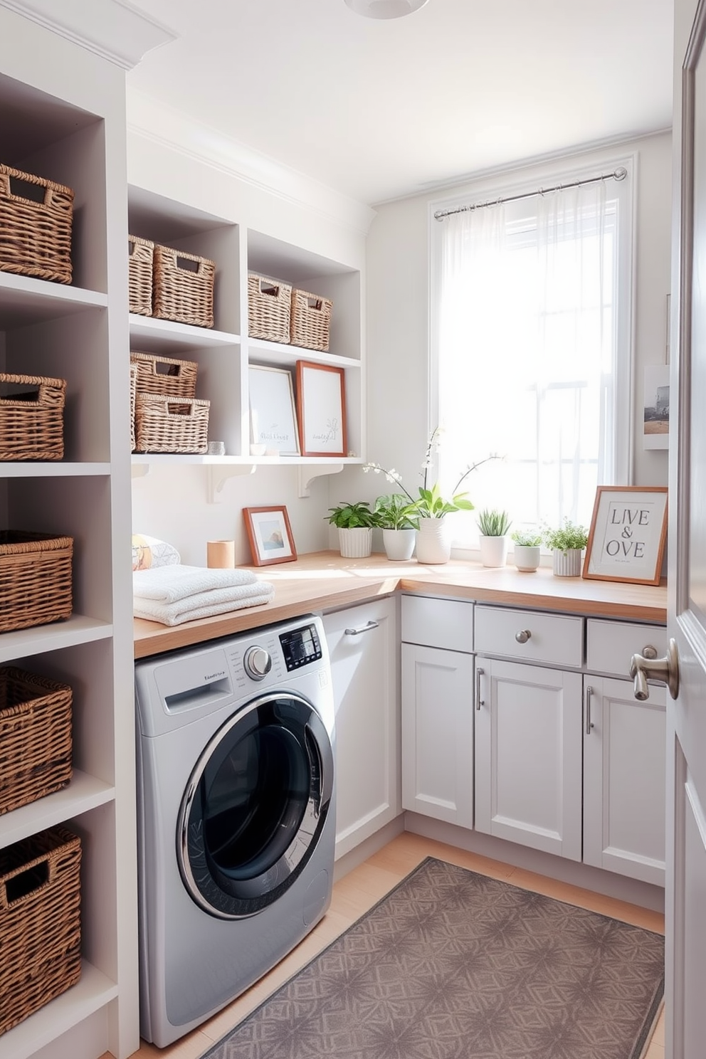 A bright and airy laundry room features woven baskets neatly arranged on open shelves for organized storage. The walls are painted in a soft pastel hue, and natural light floods the space through a large window adorned with sheer curtains. A stylish countertop made of light wood provides ample space for folding laundry, complemented by decorative elements like potted plants and framed artwork. The floor is covered with a cheerful patterned rug, adding a pop of color to the serene atmosphere.