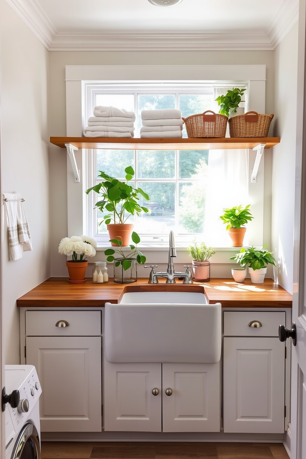 A bright and airy laundry room features a large farmhouse sink with a rustic wood countertop. Sunlight streams in through a window adorned with sheer white curtains, illuminating the space filled with fresh linens and potted plants. The walls are painted in a soft pastel color, enhancing the cozy farmhouse vibe. Open shelving displays neatly folded towels and decorative baskets, creating an inviting and functional atmosphere.
