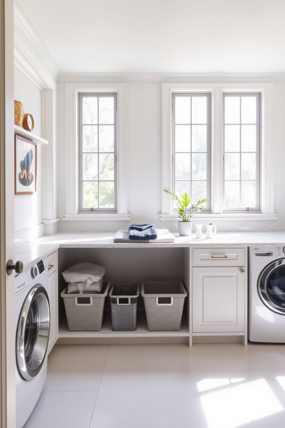 A bright and airy laundry room features a spacious countertop designed for folding clothes. The walls are painted in a soft pastel color, and natural light streams in through large windows, creating a cheerful atmosphere. The countertop is made of durable quartz, providing ample space for sorting and folding laundry. Stylish storage baskets are neatly arranged underneath, while a small potted plant adds a touch of greenery to the space.