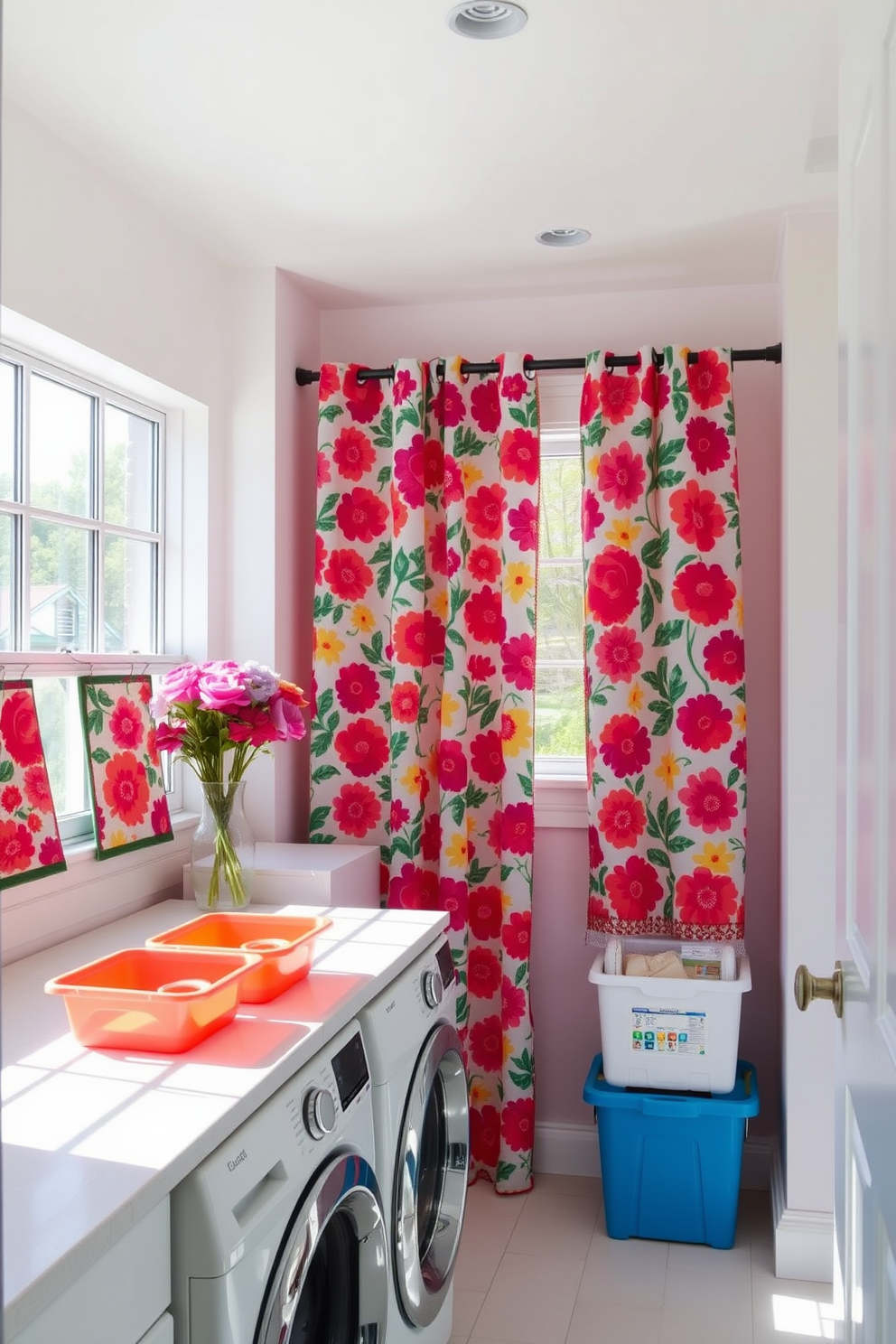 A vibrant laundry room filled with natural light. The space features bright and bold curtains in a floral pattern that add a cheerful touch to the room. The walls are painted in a crisp white to enhance the brightness. A spacious countertop with colorful storage bins complements the lively atmosphere, making laundry chores feel more enjoyable.