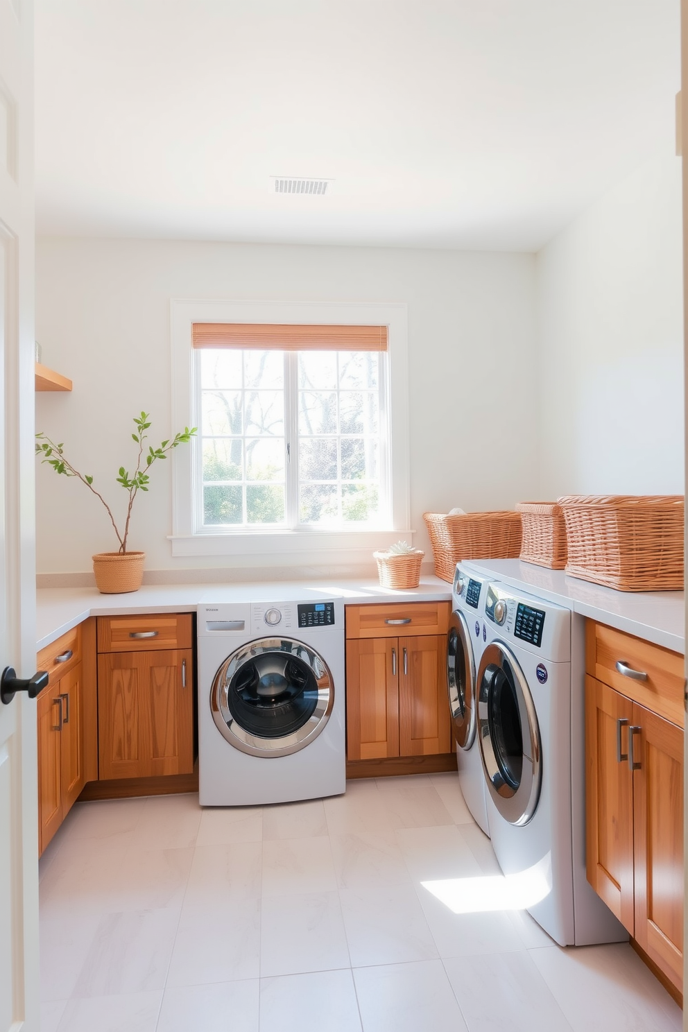 A bright and airy laundry room featuring natural wood accents. The walls are painted in a soft white, and the cabinetry showcases warm wooden finishes that complement the space. A large window allows ample sunlight to flood in, highlighting the cheerful decor. Baskets made of wicker sit atop the counters, adding a touch of warmth and organization.