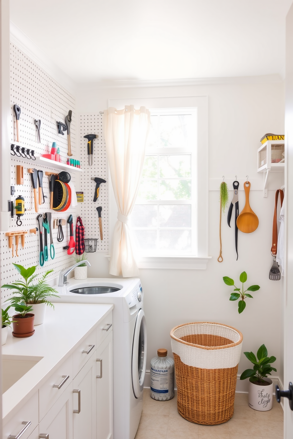 A bright and airy laundry room features a large pegboard wall for organized tool storage, showcasing an array of hooks and shelves for easy access to essentials. Sunlight streams through a window adorned with light, breezy curtains, illuminating the space and enhancing the cheerful ambiance. The walls are painted in a soft pastel color, complementing the white cabinetry and countertops. A stylish laundry basket sits in the corner, while potted plants add a touch of greenery, bringing life to the room.