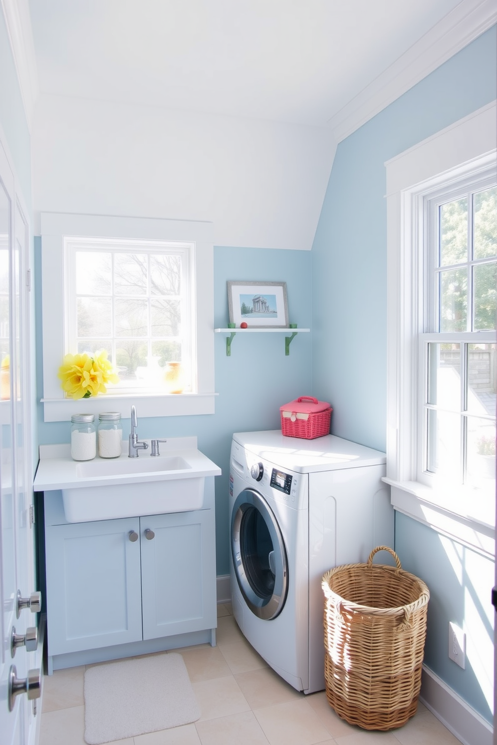 A bright and airy laundry room features light blue walls that create a refreshing atmosphere. The space includes a white countertop with a stylish sink and decorative jars neatly arranged to hold laundry supplies. Natural light streams in through a large window, illuminating the room's cheerful decor. A wicker basket sits in the corner, adding a touch of warmth and a pop of color to the overall design.