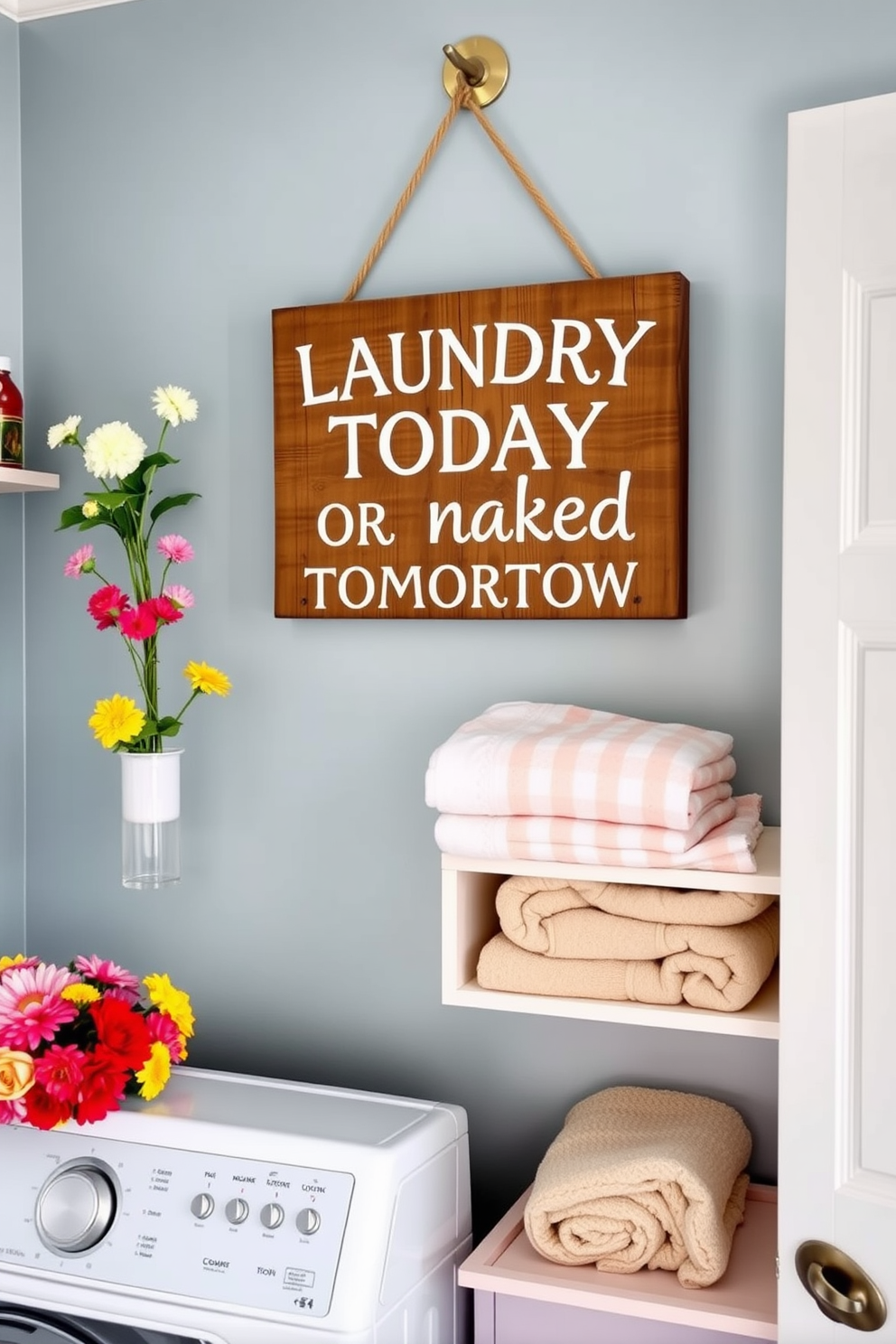 A charming laundry room featuring a rustic wooden sign that reads 