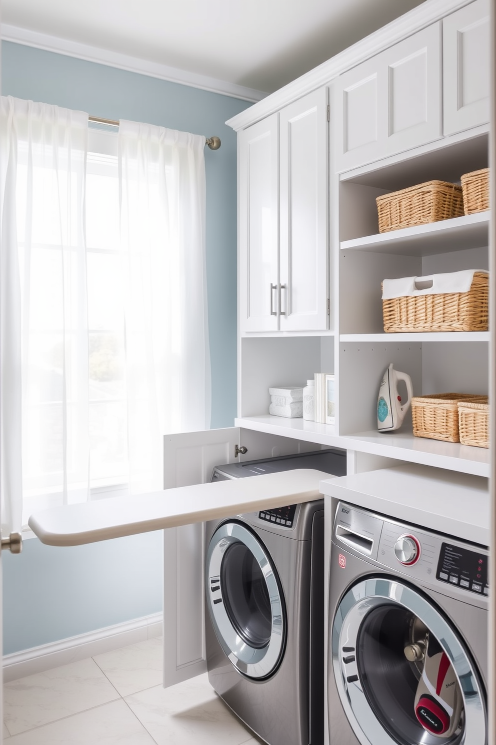A bright and airy laundry room features a functional pull-out ironing board integrated into a stylish cabinet. The walls are painted in a soft pastel blue, and natural light floods the space through a large window adorned with sheer white curtains. The room is equipped with modern appliances, including a sleek washer and dryer stacked for space efficiency. Decorative baskets are neatly arranged on open shelves, providing both organization and a touch of charm to the overall design.