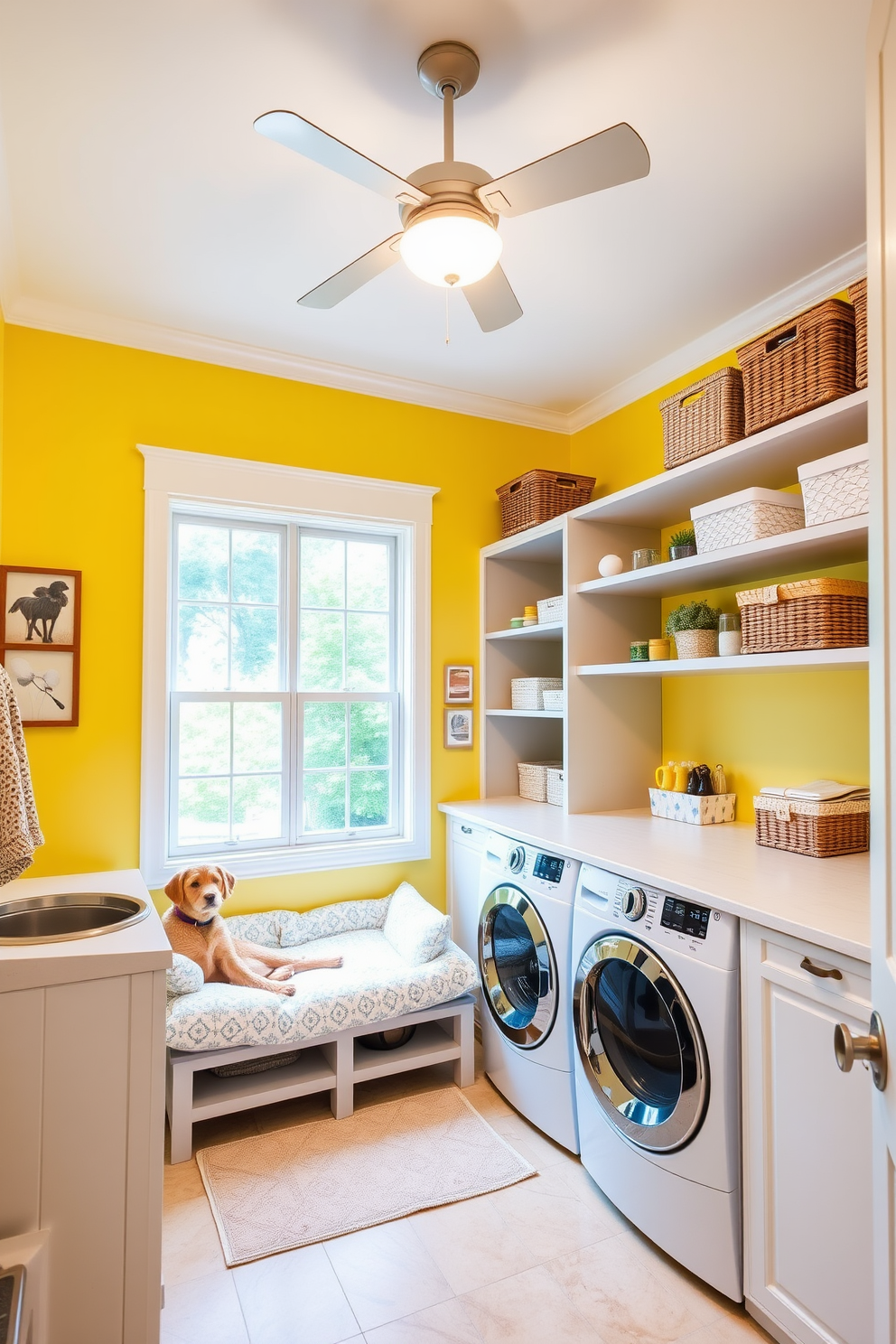 A bright and airy laundry room designed for summer convenience. The space features a large window allowing natural light to flood in, with cheerful yellow walls that evoke a warm and inviting atmosphere. In one corner, a cozy pet area is created with a soft bed and food bowls, ensuring your furry friend has a comfortable spot. Stylish storage solutions are integrated, including open shelving for laundry essentials and decorative baskets to keep the space organized.