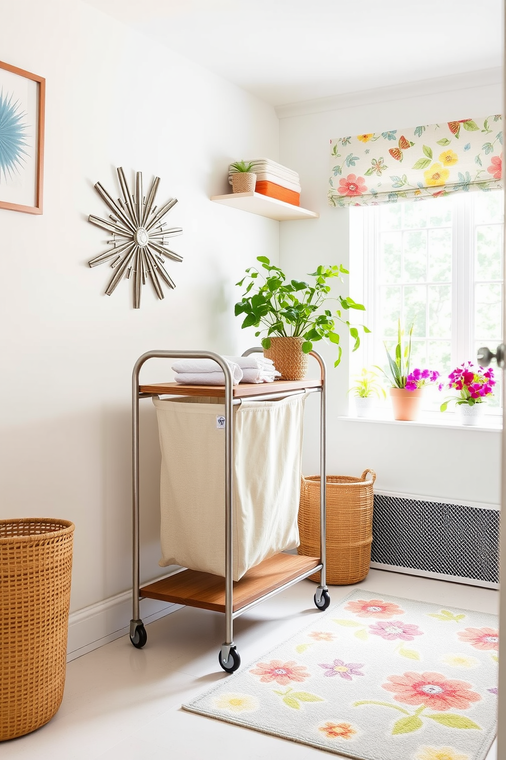 A unique laundry cart design features a sleek metal frame with wooden shelves and a fabric bag for easy laundry sorting. The cart is positioned in a bright and airy laundry room with pastel-colored walls and decorative wall art that complements the overall decor. Summer laundry room decorating ideas include vibrant floral patterns on the curtains and a cheerful rug that adds a pop of color. Potted plants on the windowsill bring a fresh and lively atmosphere to the space.