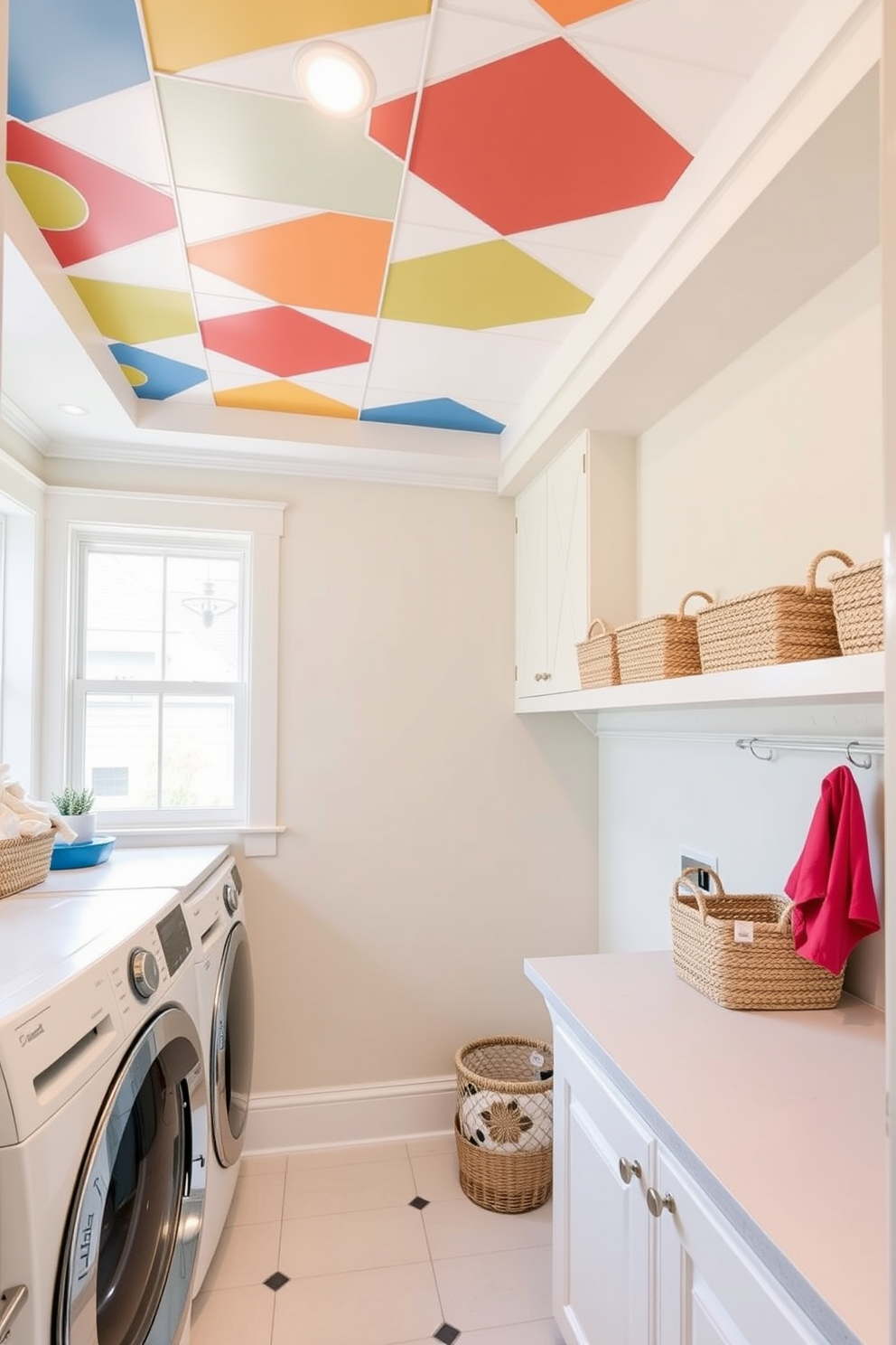 A bright and cheerful laundry room featuring a playful ceiling design with colorful geometric patterns. The walls are painted in a soft pastel hue, and the space includes a spacious countertop for folding clothes, adorned with decorative baskets for organization.