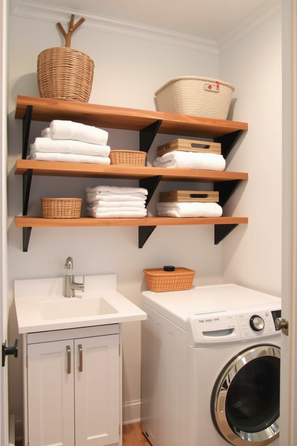 A bright and airy laundry room features open shelving made of reclaimed wood, displaying neatly folded towels and decorative baskets. The walls are painted in a soft pastel hue, complemented by a vintage-inspired washer and dryer set that adds charm to the space.