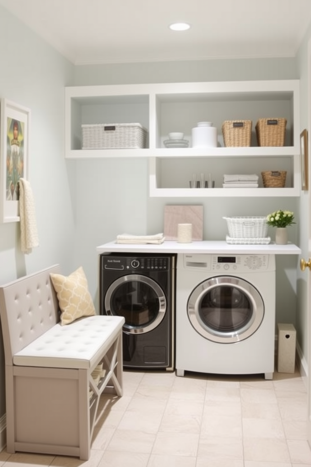 A bright and airy laundry room features a combination of multi-functional furniture pieces designed for efficiency and style. A sleek folding table doubles as a workspace and storage unit, while a stylish bench provides seating and additional storage for laundry essentials. The walls are painted in a soft pastel hue, creating a cheerful atmosphere. Open shelving displays neatly organized baskets and decorative items, adding a personal touch to the space.