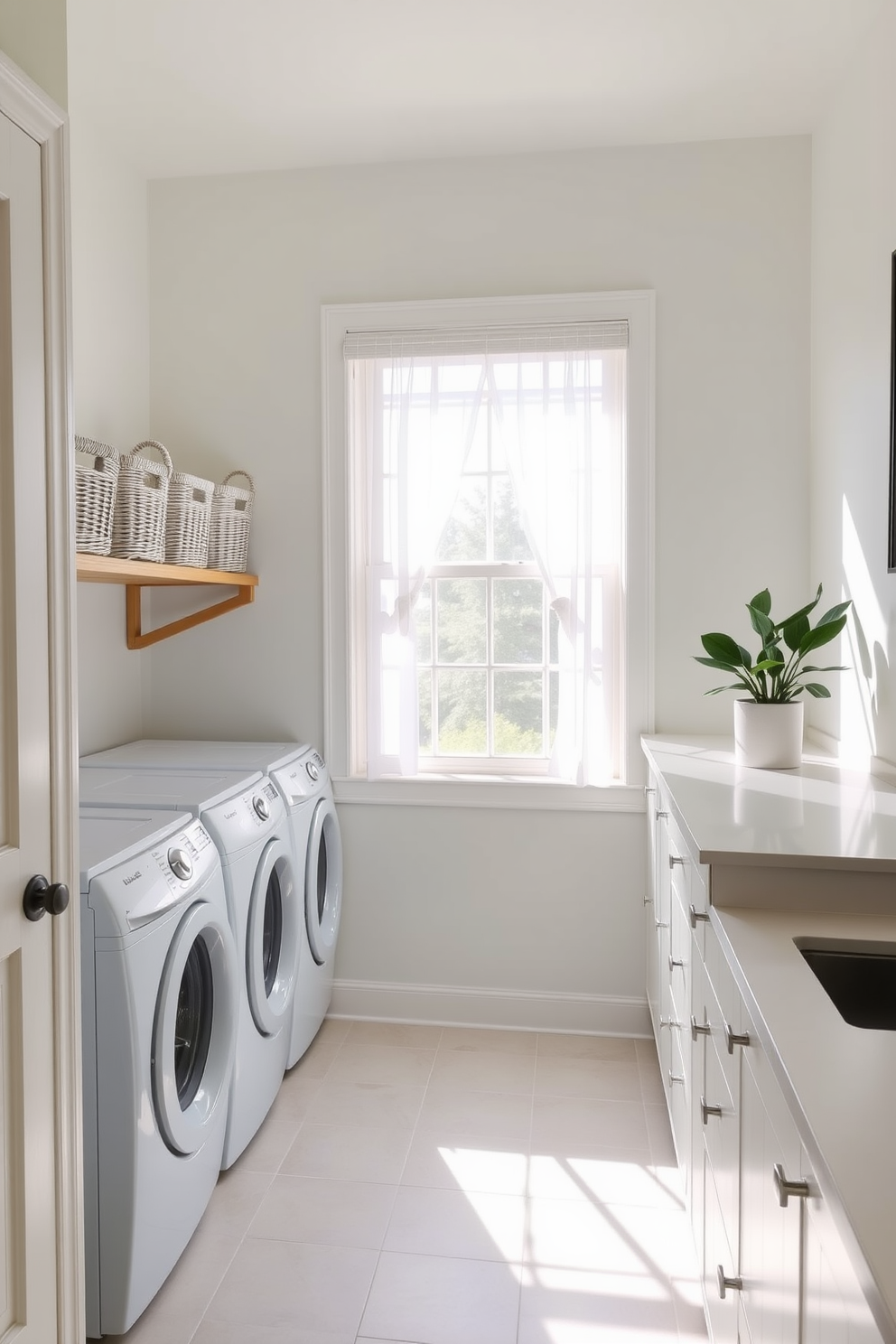 A bright and airy laundry room features a stylish laundry basket station with woven baskets neatly arranged on a wooden shelf. The walls are painted in a soft pastel color, and natural light floods the space through a large window adorned with sheer curtains. To the right of the basket station, a sleek countertop provides ample space for folding clothes, complemented by a decorative potted plant for a touch of greenery. The floor is covered with a light-colored tile that adds to the room's fresh and inviting atmosphere.