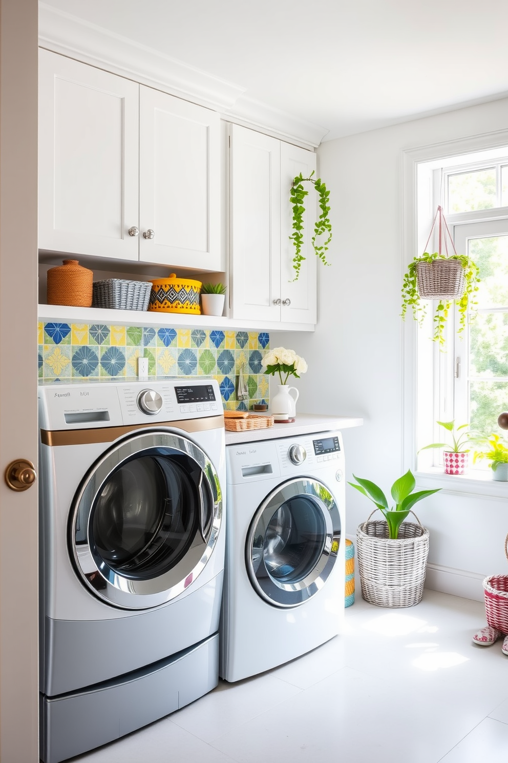 A vibrant laundry room filled with natural light. The walls are painted in a soft white, and the colorful backsplash tile features a playful mix of blue, yellow, and green patterns that add a cheerful touch to the space. A stylish washing machine and dryer are neatly tucked away in a sleek cabinetry unit. Decorative elements like potted plants and colorful storage baskets enhance the summer theme, creating an inviting and functional laundry area.