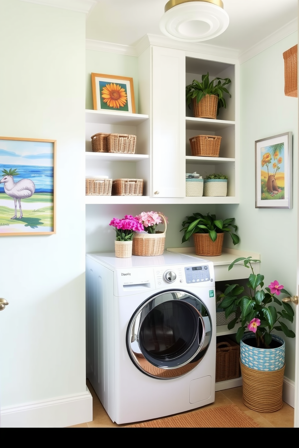 Create a bright and airy laundry room that exudes a cheerful summer vibe. Incorporate colorful artwork on the walls to add a personal touch and create a welcoming atmosphere. Include open shelving to display decorative baskets and vibrant plants. Use a light pastel color palette for the walls and accent pieces to enhance the summery feel.