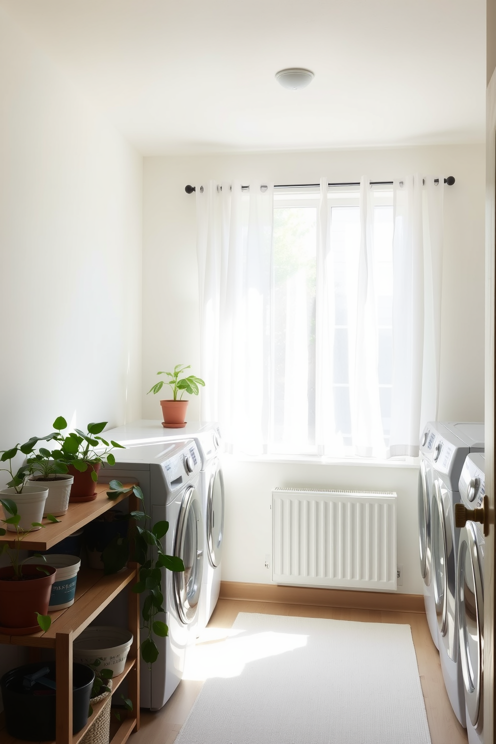 A bright and airy laundry room filled with natural light. The space features a large window adorned with sheer white curtains, allowing sunlight to illuminate the room. In one corner, there are several potted plants on a wooden shelf, adding a touch of greenery and freshness to the decor. The walls are painted in a soft pastel color, and the floor is covered with a light-colored, durable rug.