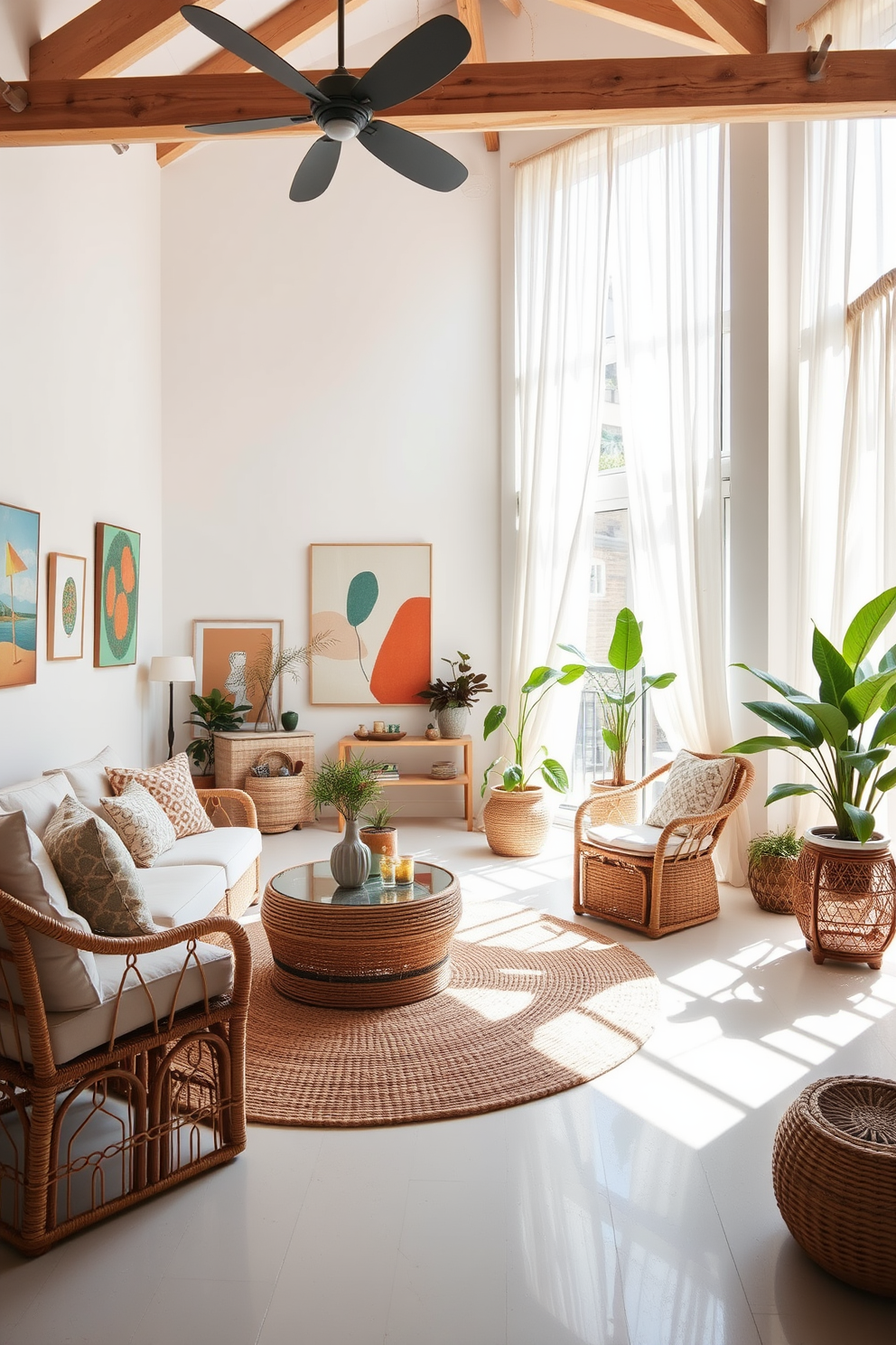 A bright and airy summer loft filled with natural light. The space features woven textures throughout, including a large jute rug and rattan furniture that adds warmth and charm. The walls are painted in a soft white, creating a fresh backdrop for colorful artwork and plants. Large windows adorned with sheer linen curtains allow gentle breezes to flow through, enhancing the relaxed atmosphere.