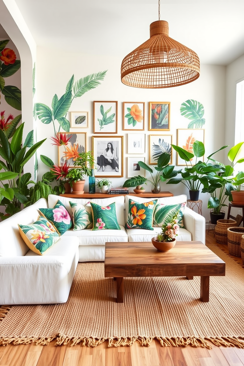 A bright and airy summer loft filled with vibrant tropical prints. The walls are adorned with large-scale botanical wallpaper, and colorful throw pillows featuring palm leaves and exotic flowers are scattered across a plush white sofa. A large woven rug in earthy tones anchors the space, while a gallery wall showcases framed tropical art and photographs. Potted plants in varying heights add a touch of greenery, and a statement pendant light with a rattan finish hangs above a reclaimed wood coffee table.