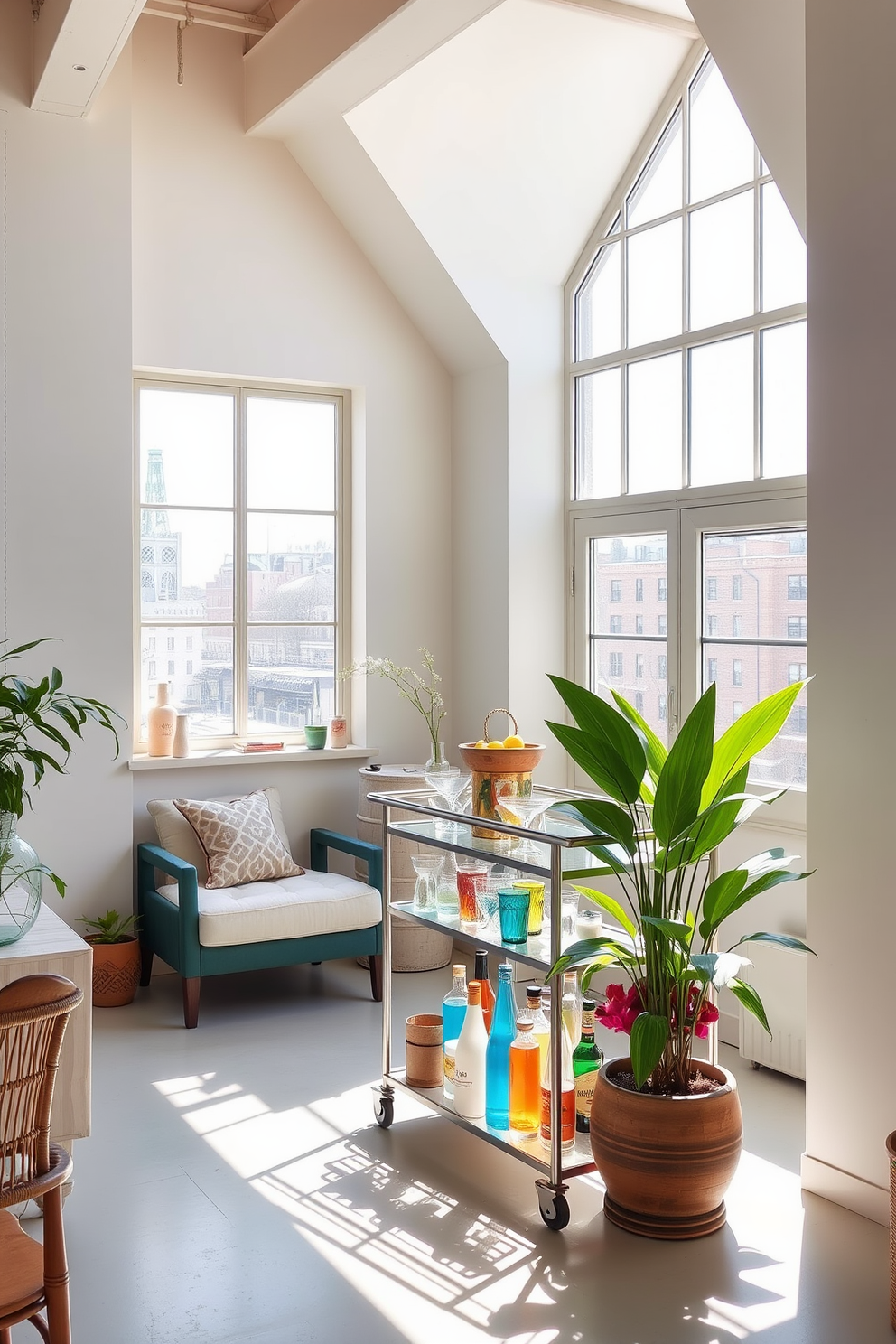 A bright and airy loft space features large windows that allow natural light to flood in. The walls are adorned with light pastel colors, and the furniture is a mix of modern and vintage pieces, creating a relaxed yet stylish atmosphere. In one corner, a chic bar cart serves as a focal point, elegantly displaying an assortment of glassware and colorful spirits. Fresh greenery in decorative pots adds a touch of life, complementing the overall summer vibe of the space.