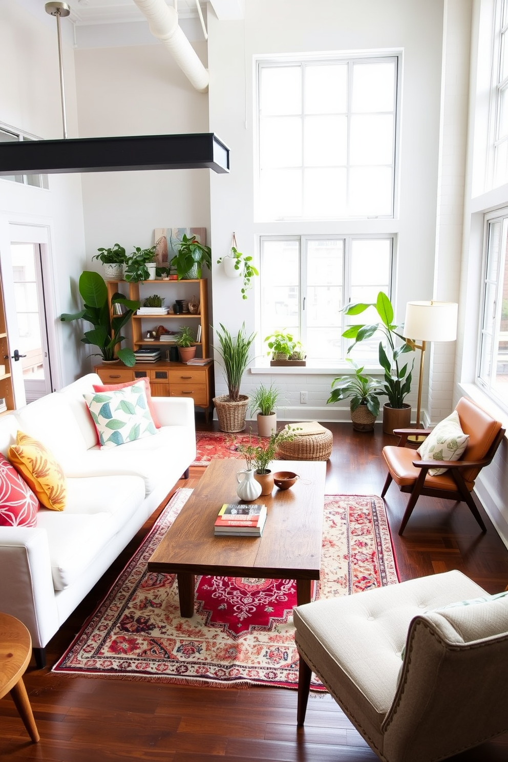 A bright and airy summer loft featuring a mix of modern and vintage furniture pieces. A sleek white sectional sofa sits opposite a reclaimed wood coffee table, accented by colorful throw pillows and a vintage rug underneath. In one corner, a mid-century armchair complements a contemporary floor lamp, creating a cozy reading nook. Large windows allow natural light to flood the space, highlighting the eclectic decor and vibrant plants throughout the loft.
