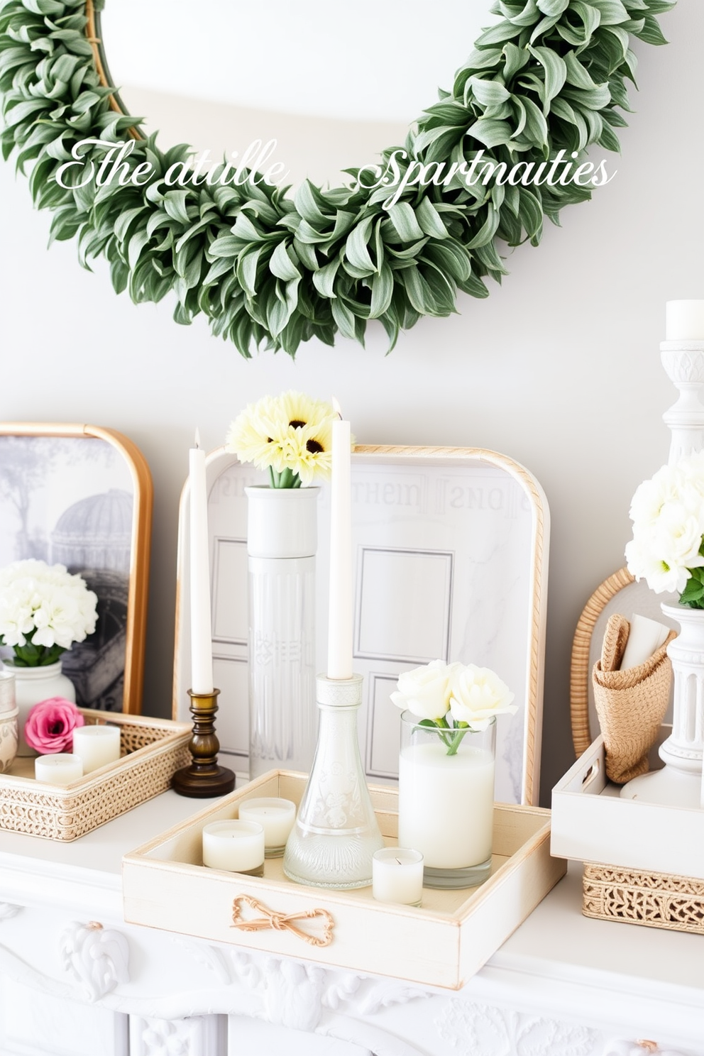 A beautifully styled summer mantel features an array of decorative trays in varying sizes and textures. The trays are adorned with seasonal elements like fresh flowers, candles, and small decorative objects that create a cohesive and inviting display. Each tray serves as a functional yet stylish organizer, helping to declutter the mantel while adding visual interest. The color palette is light and airy, incorporating soft pastels and natural materials that evoke the essence of summer.