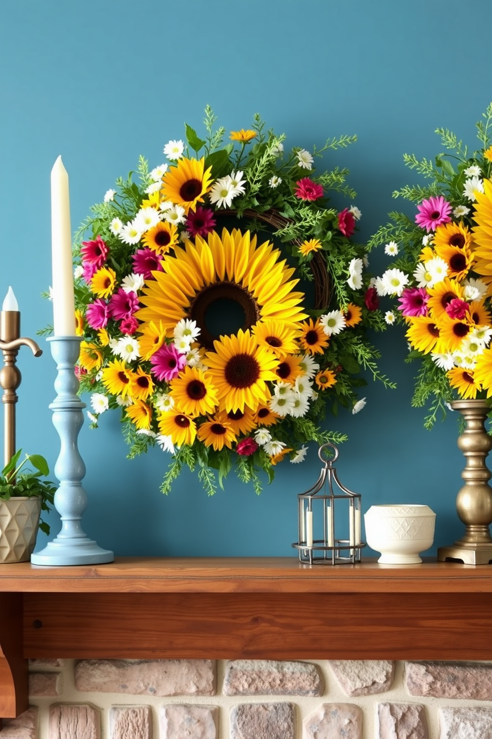 Create a vibrant summer mantel decorated with seasonal wreaths featuring bright floral elements. The wreaths should be lush with sunflowers and daisies, complemented by delicate greenery, all arranged harmoniously above a rustic wooden mantel.