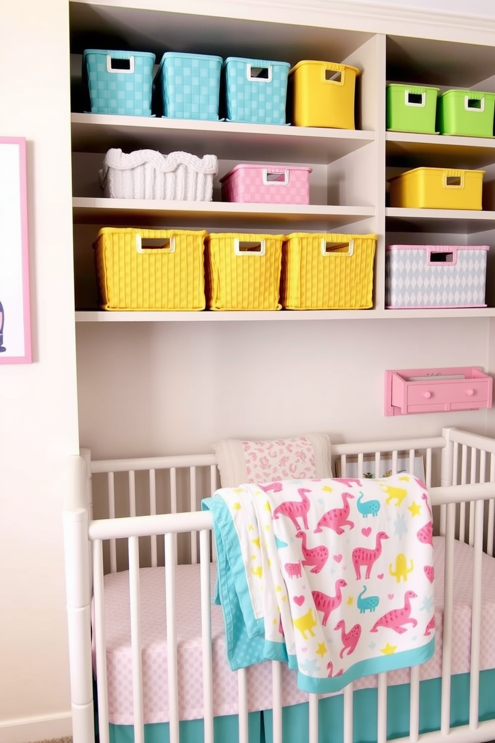 Brightly colored storage baskets are arranged neatly on open shelving, adding a playful touch to the room. The baskets, in shades of blue, yellow, and pink, complement the soft pastel walls and create a cheerful atmosphere. Incorporate whimsical patterns and textures to enhance the summer nursery theme. Soft, breathable fabrics in light colors drape over the crib, while playful artwork adorns the walls, creating a vibrant and inviting space.